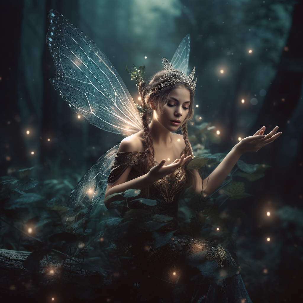 A small fairy with magical hands in a forest.