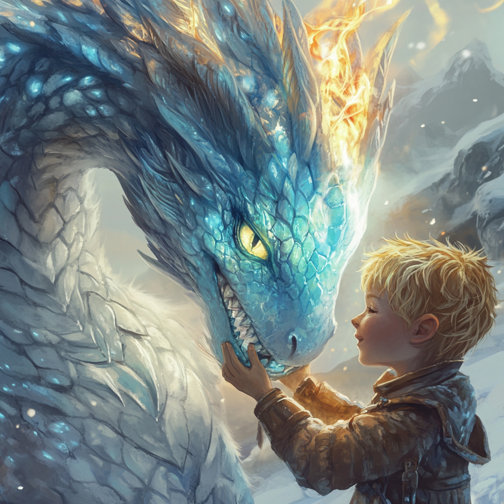 A small frostfire drake plays with boy.