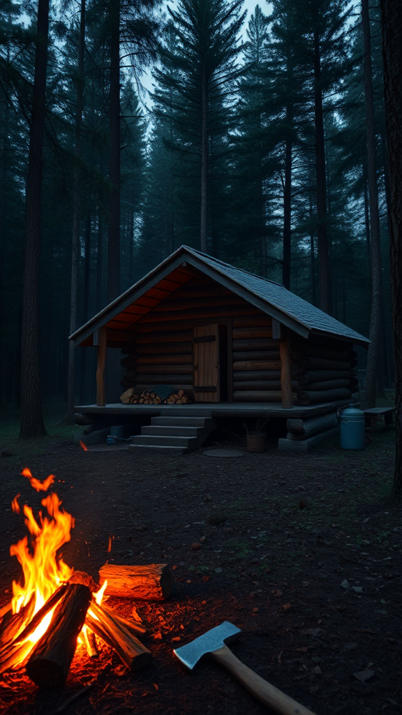 A small hut and fire in the forest.