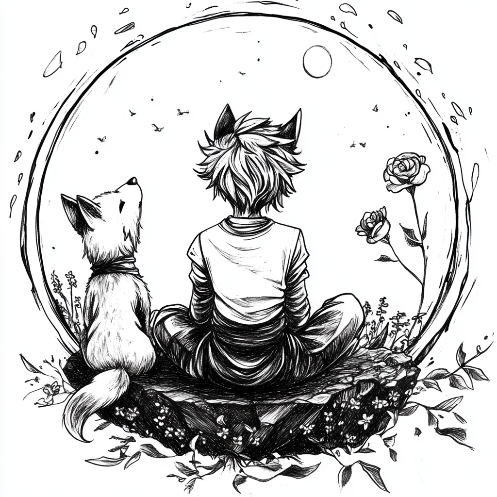 A small prince sits on a compass, looking at the horizon with his friend the fox. The sun is replaced by a rose. Black and white tattoo design.