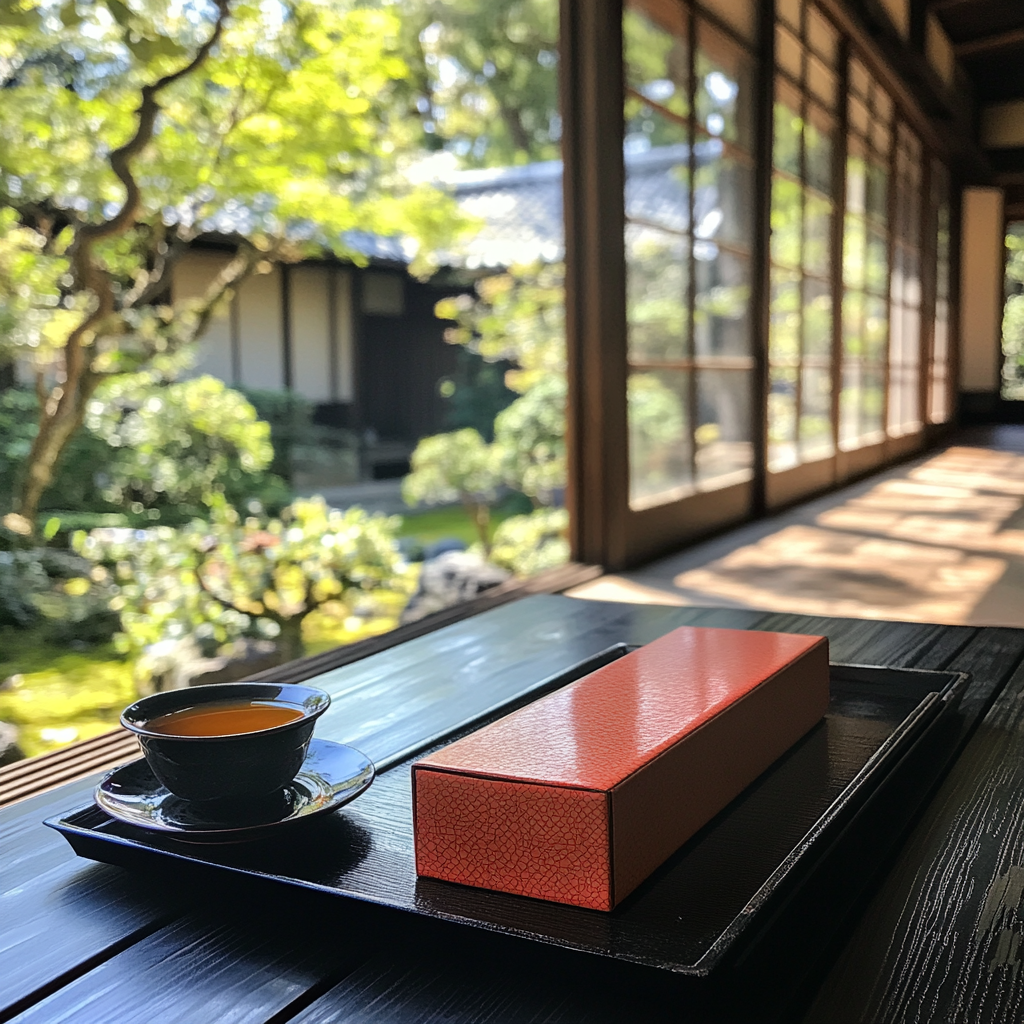 A small red box on tray near tea.