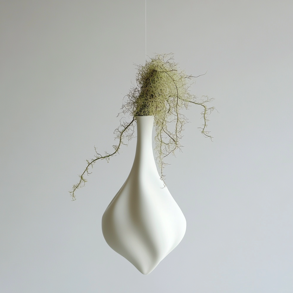 A small white vase with moss hanging beautifully.