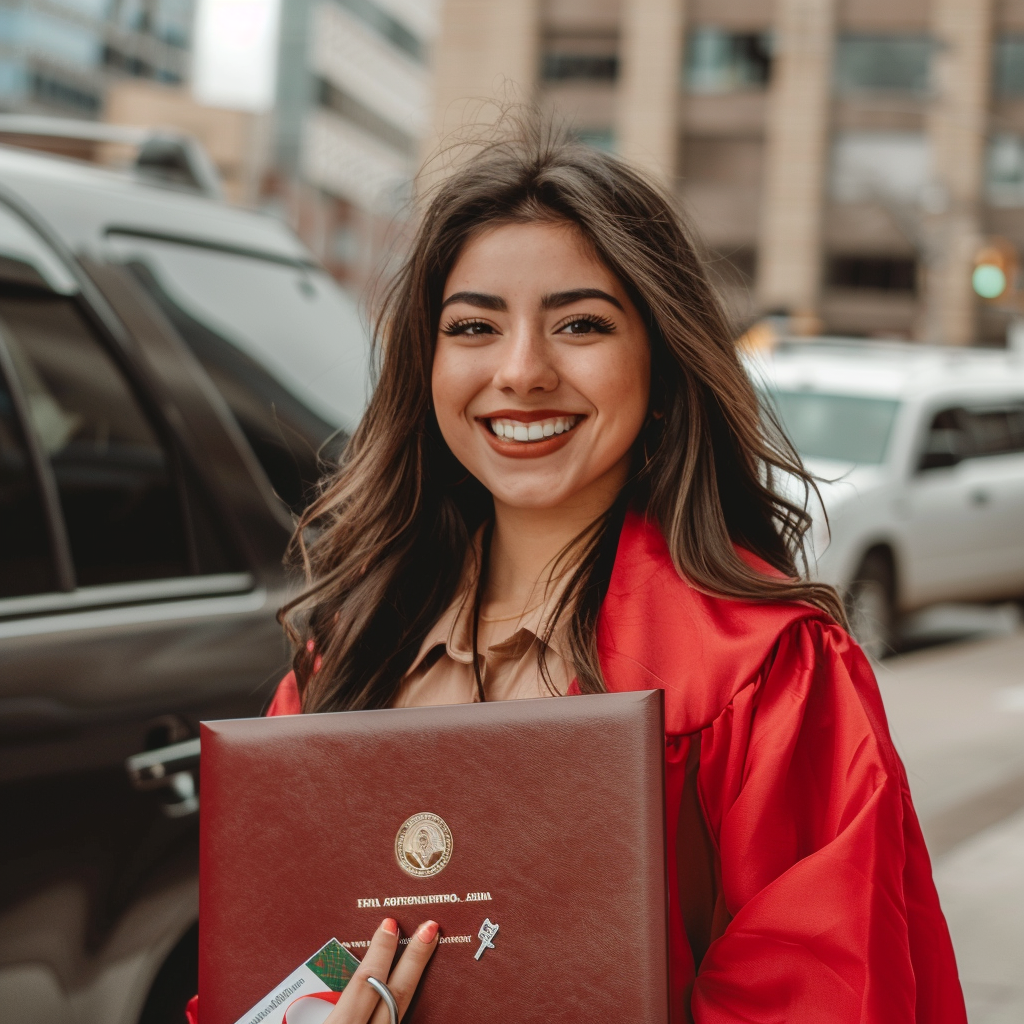 A smiling Hispanic person holding diploma and car keys