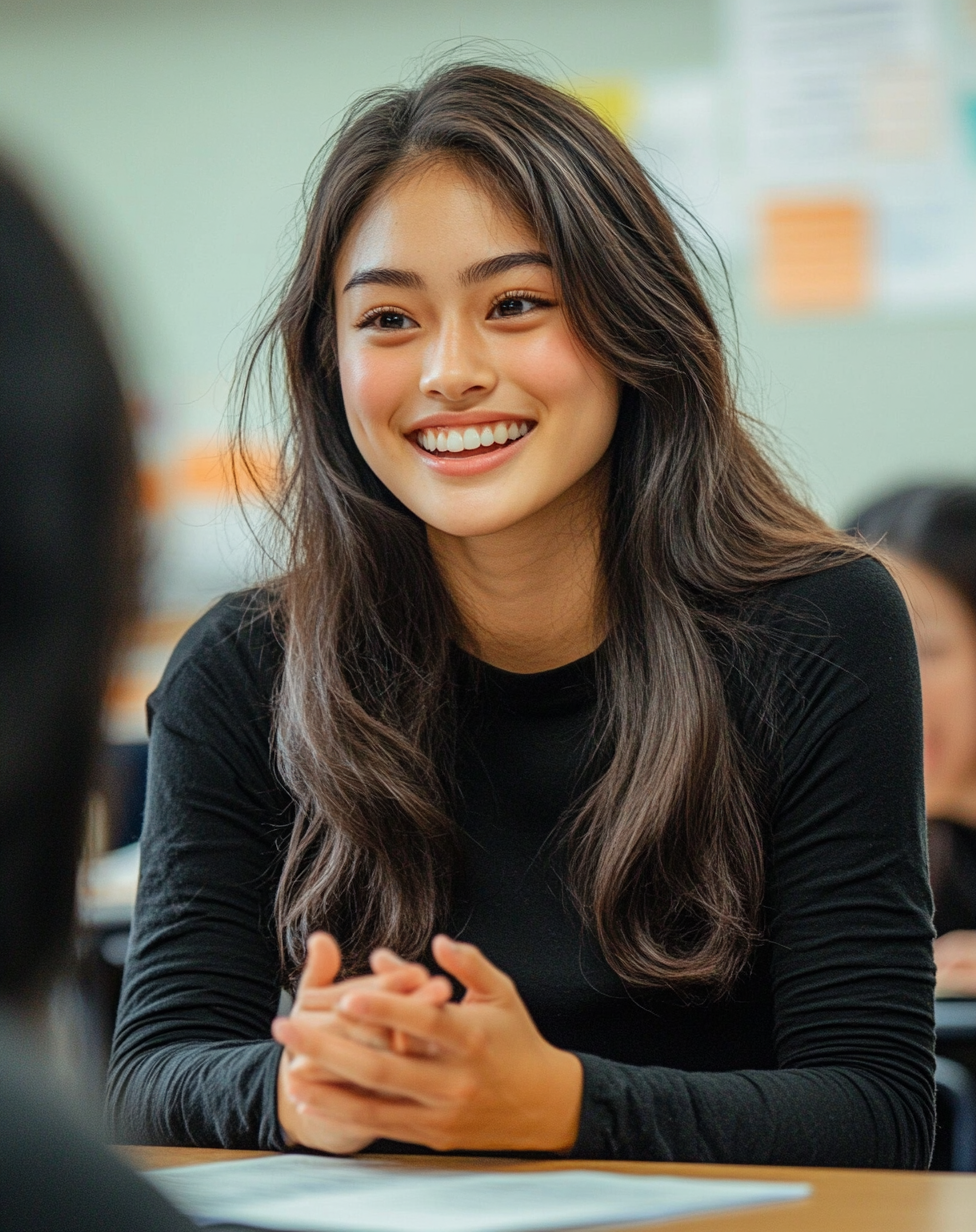 A smiling Japanese woman in English classroom