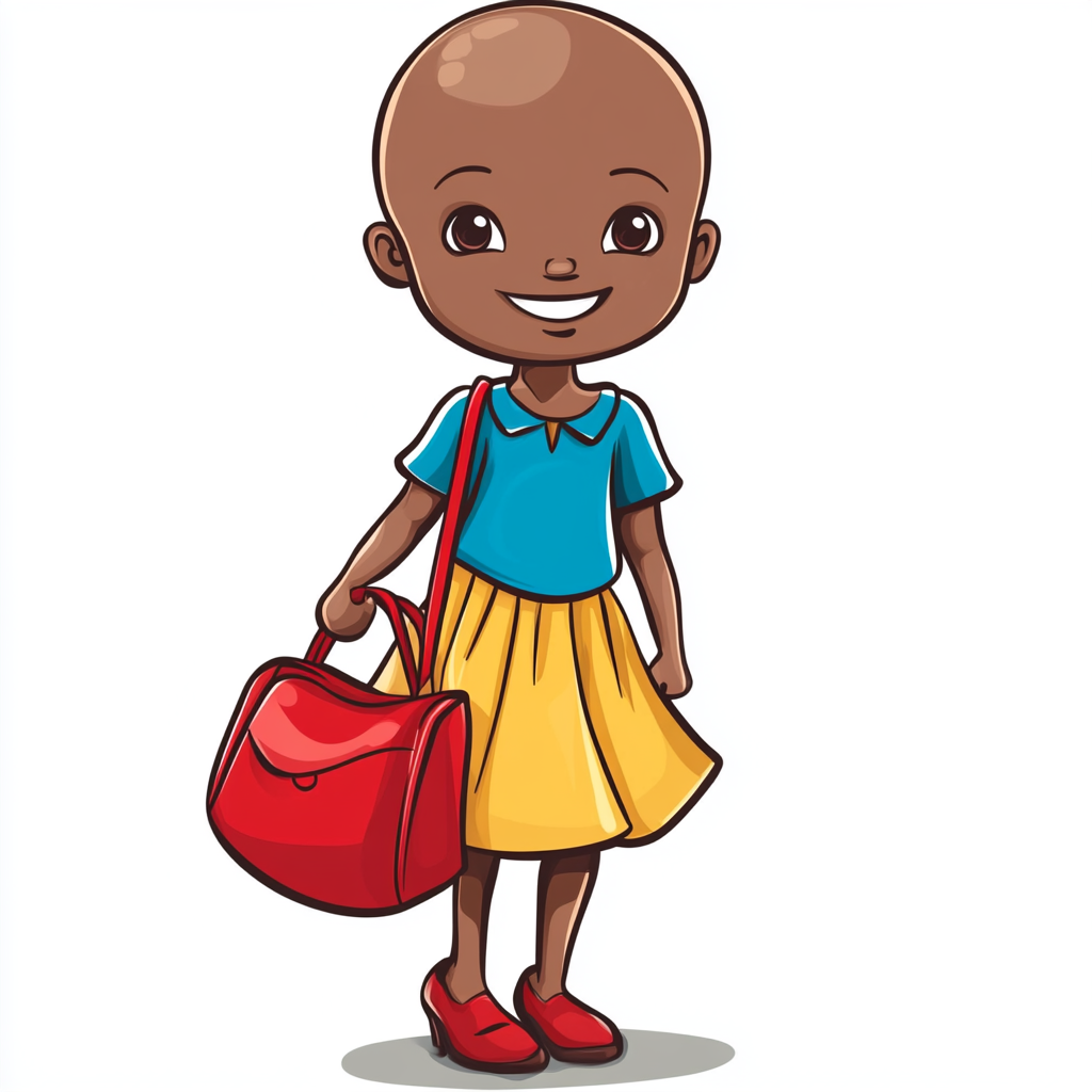 A smiling South Sudanese girl holding a red bag.