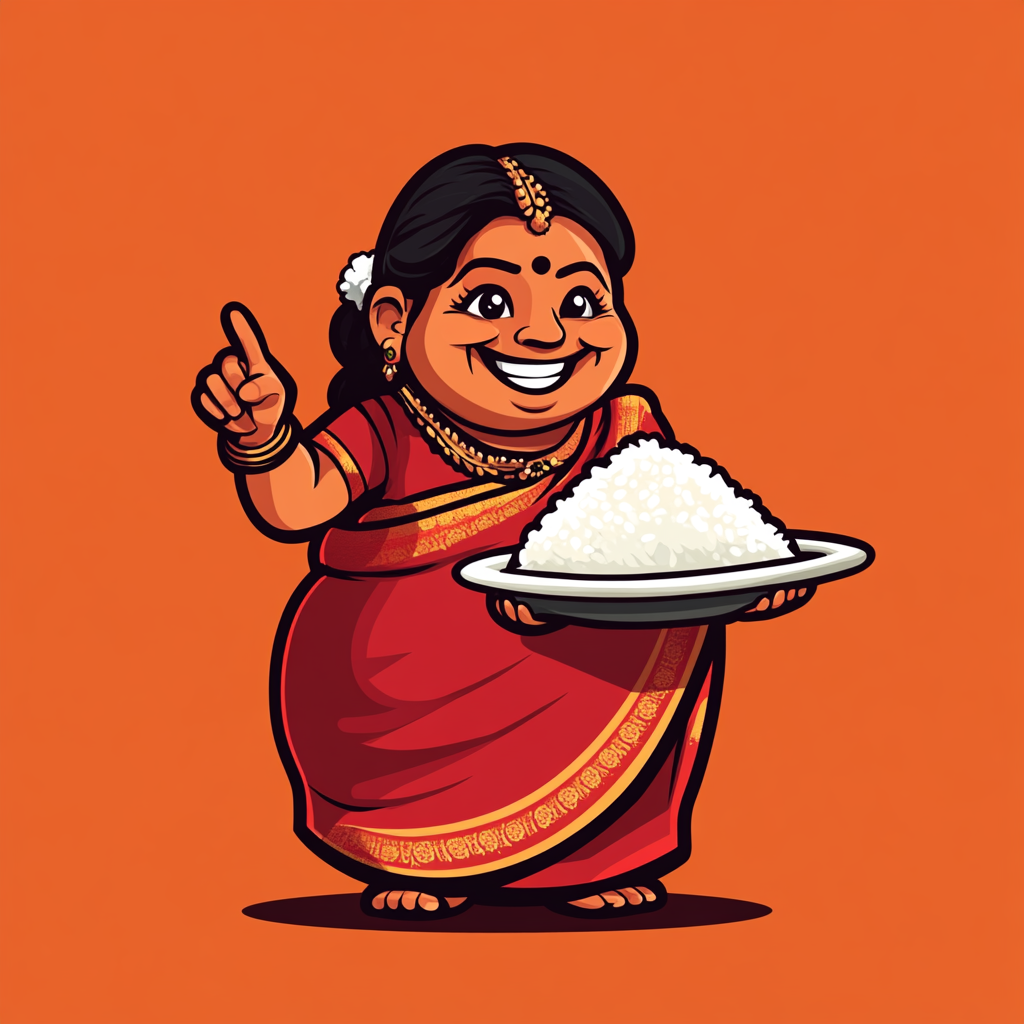 Illustration of a smiling Sri Lankan woman with rice plate