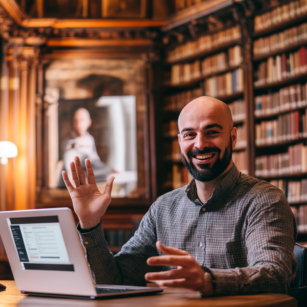 A smiling bald man in library waving paper.