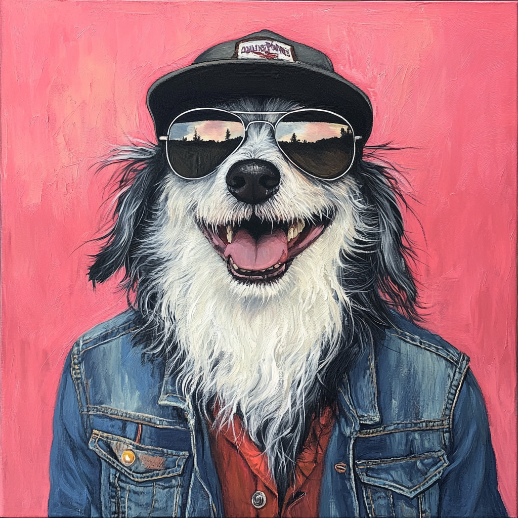 A smiling border collie wears denim jacket.