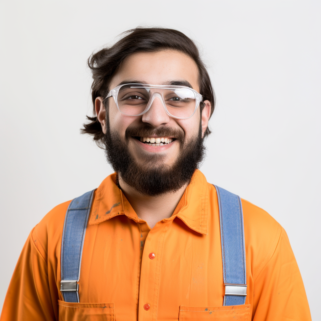 A smiling carpenter in orange and blue suit.