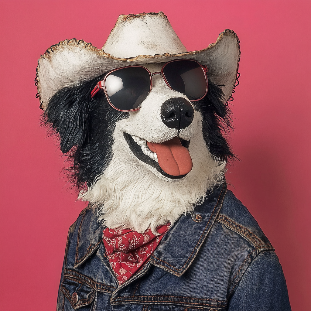 A smiling cowboy border collie in fancy outfit.