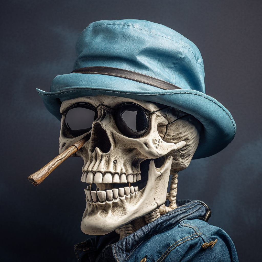 A smiling cowboy skull in denim jacket portrait.