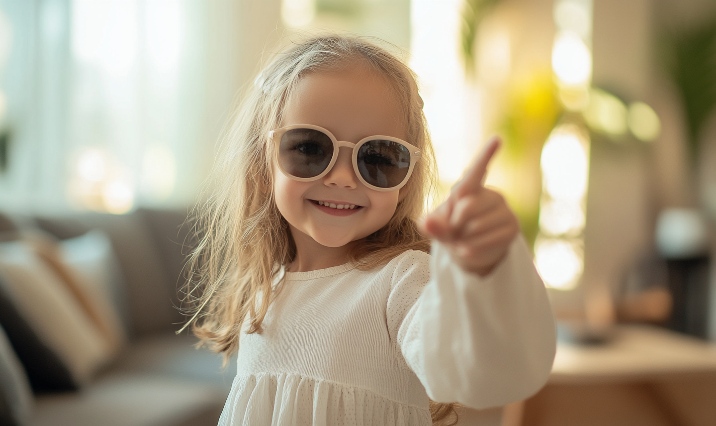 A smiling girl in white dress and sunglasses.