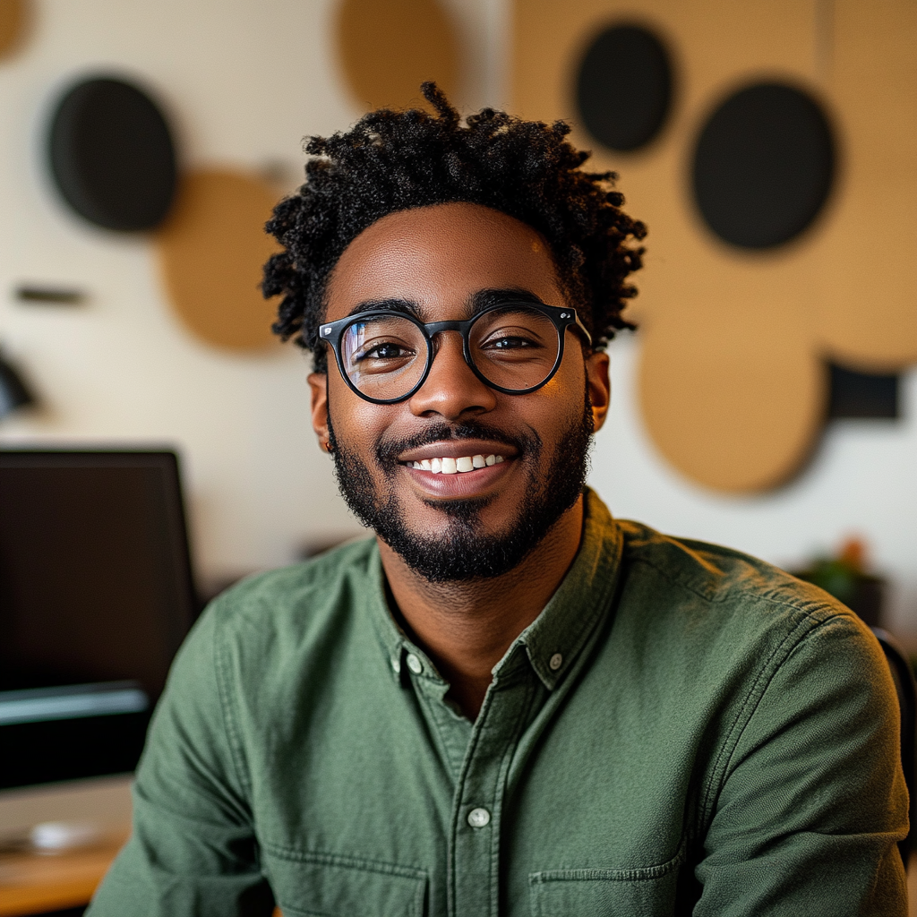 A smiling hipster man in green shirt poses.