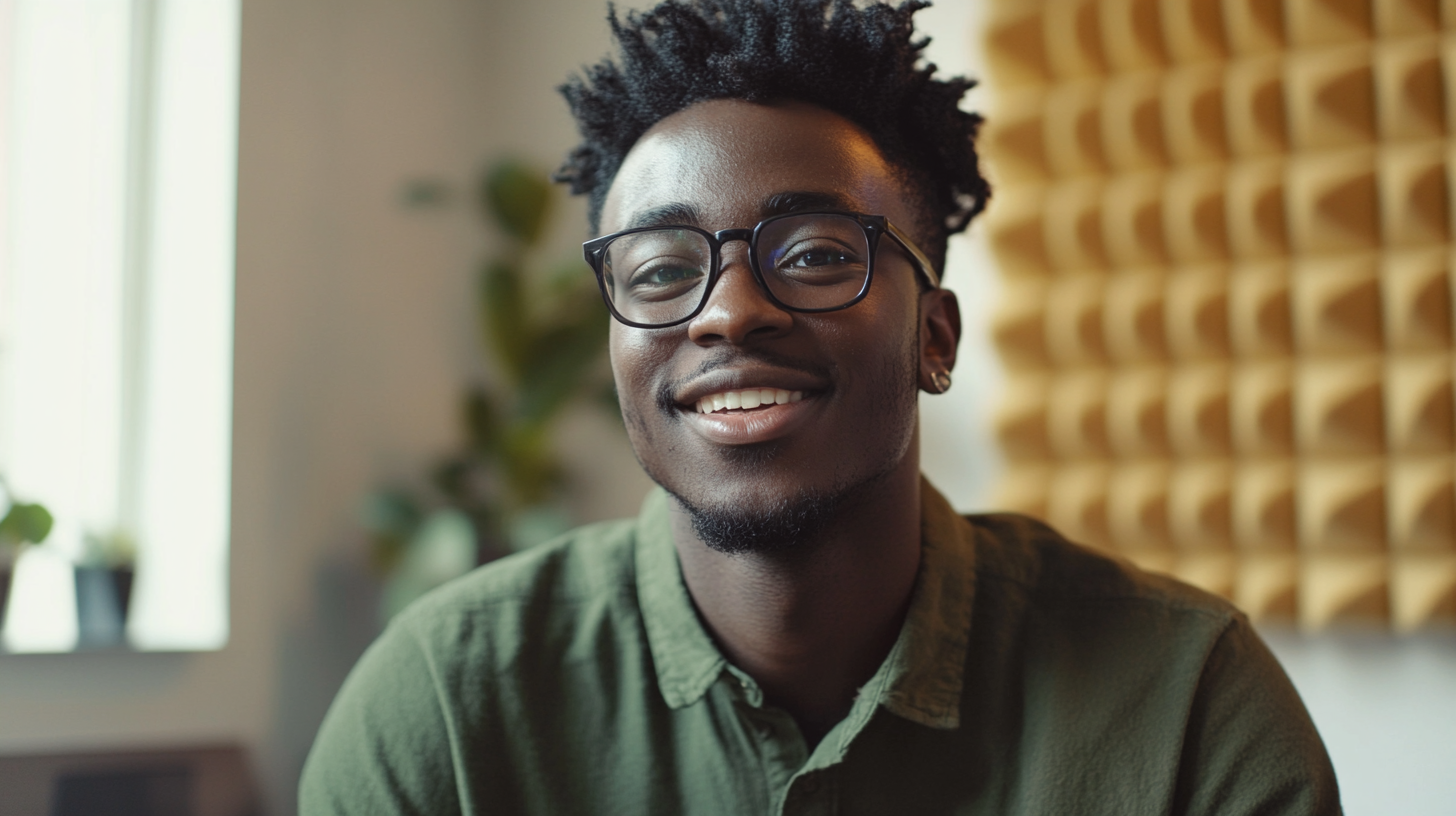 A smiling hipster man in green shirt.