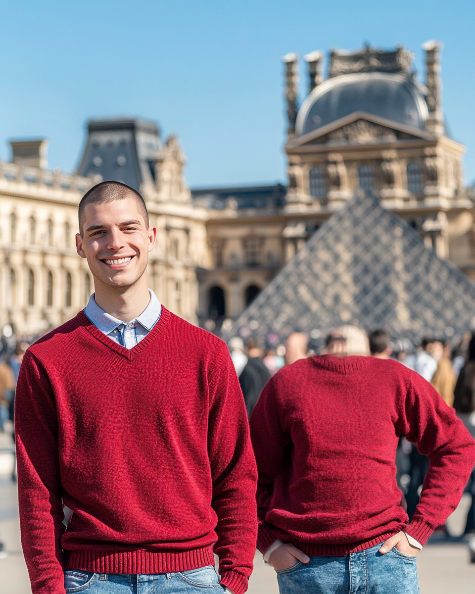 A smiling man in red at the Louvre