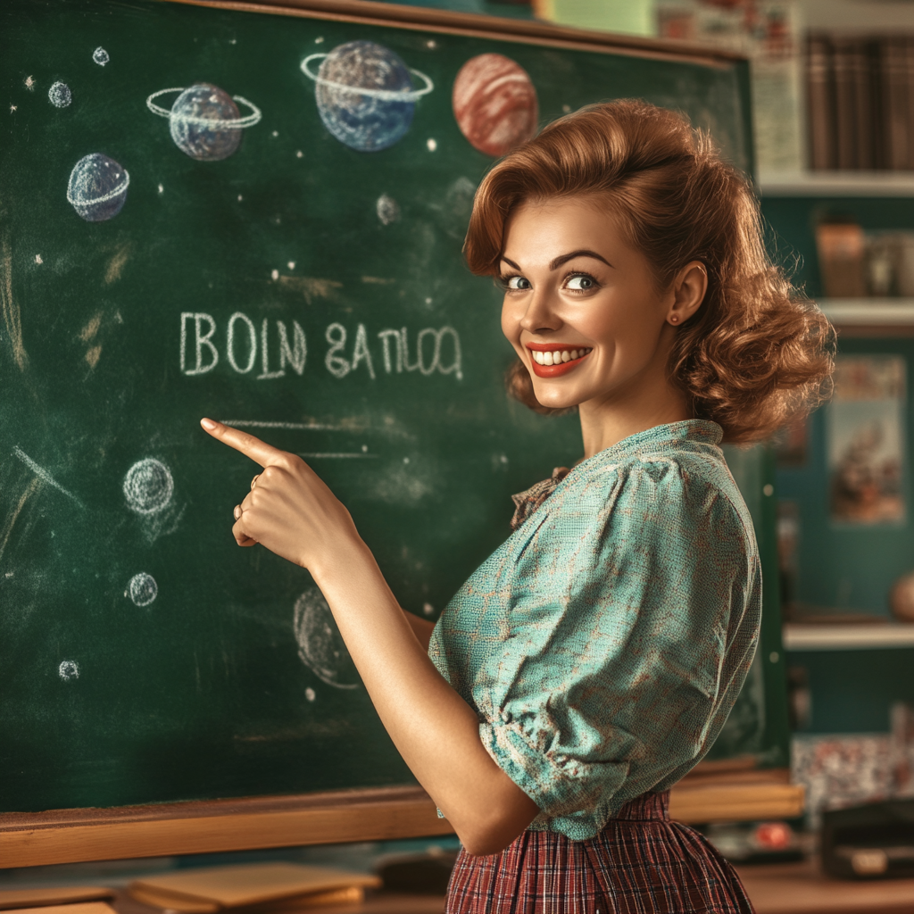 A smiling teacher points at cryptocurrency on chalkboard.