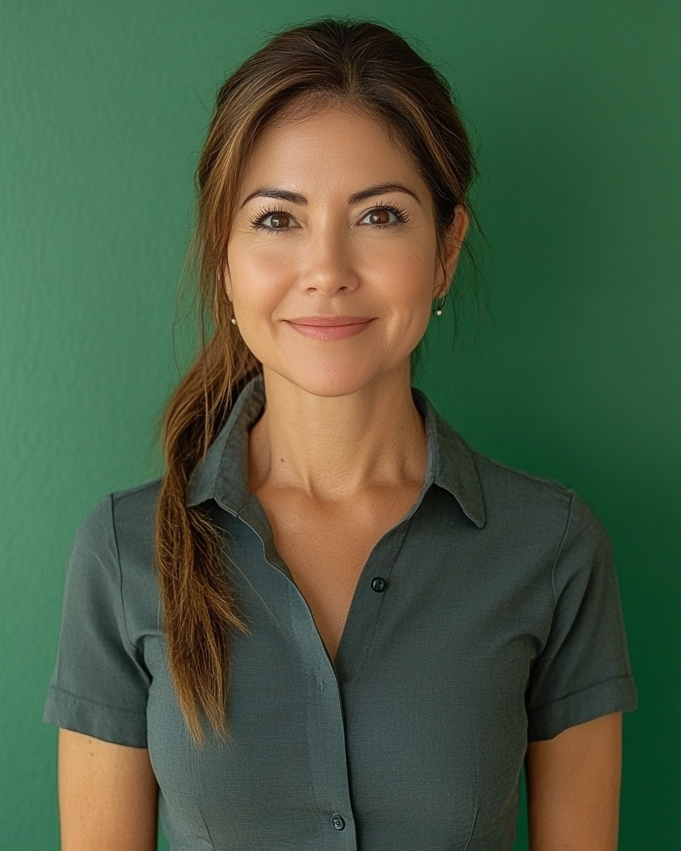 A smiling woman in business attire against green backdrop.