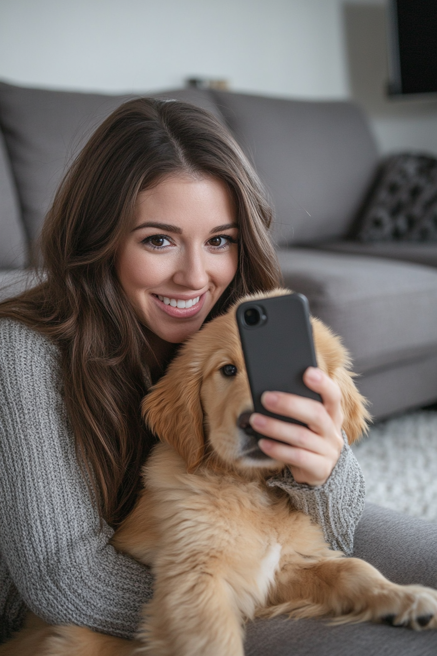 A smiling woman taking selfie with cute puppy