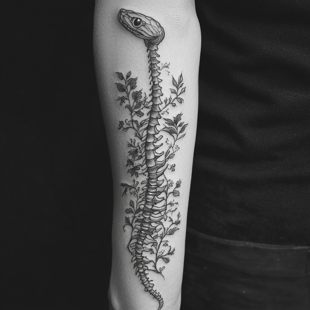 A snake skeleton forearm tattoo with autumn leaves