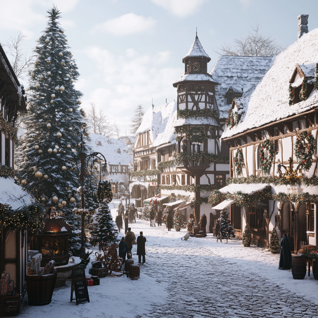 A snowy European town during Christmas festivities