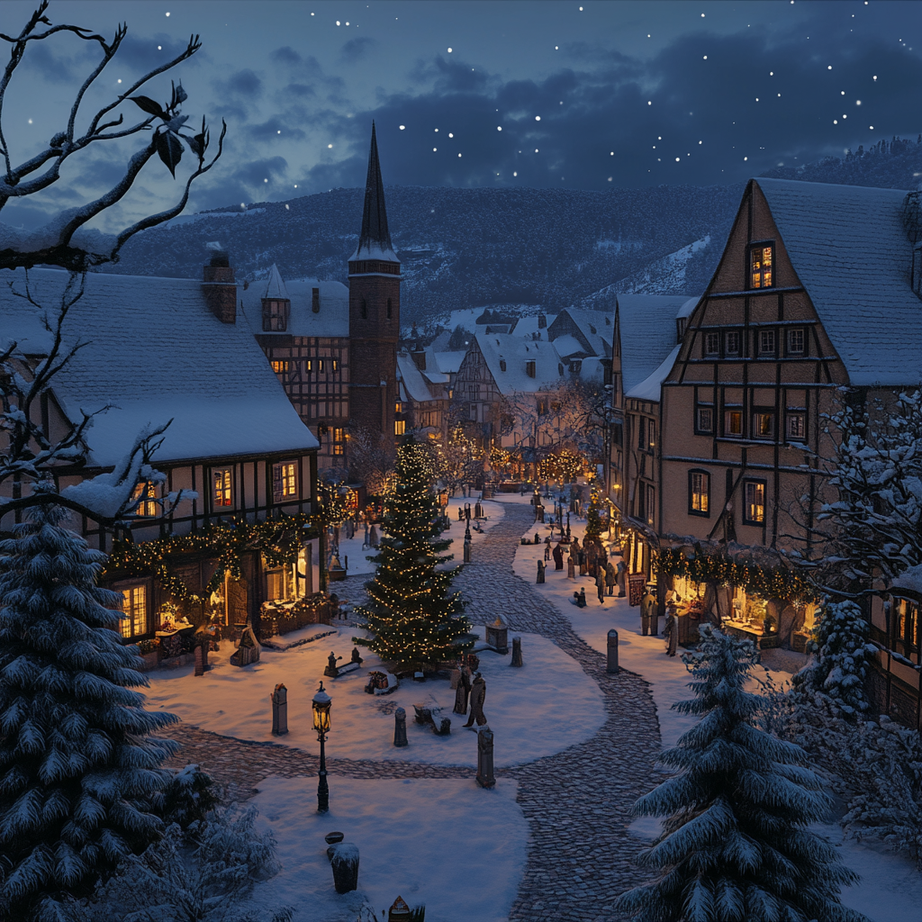 A snowy European village at night with decorations