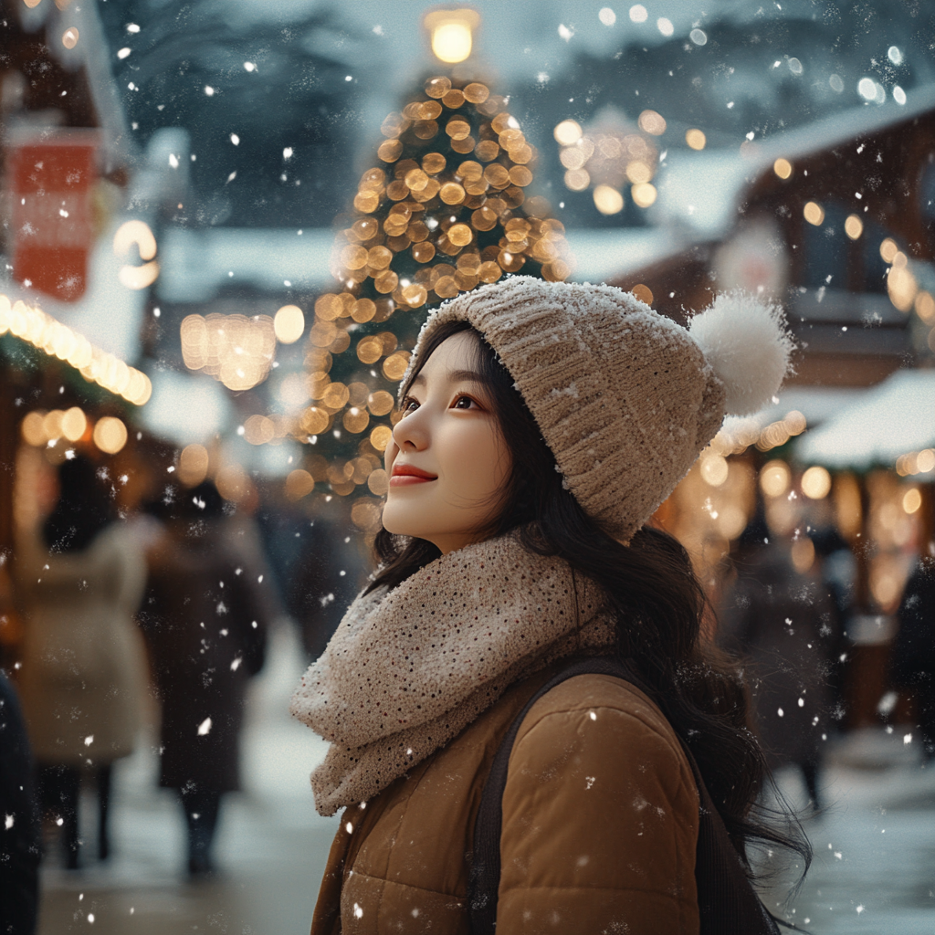 A snowy town with Christmas decorations and people