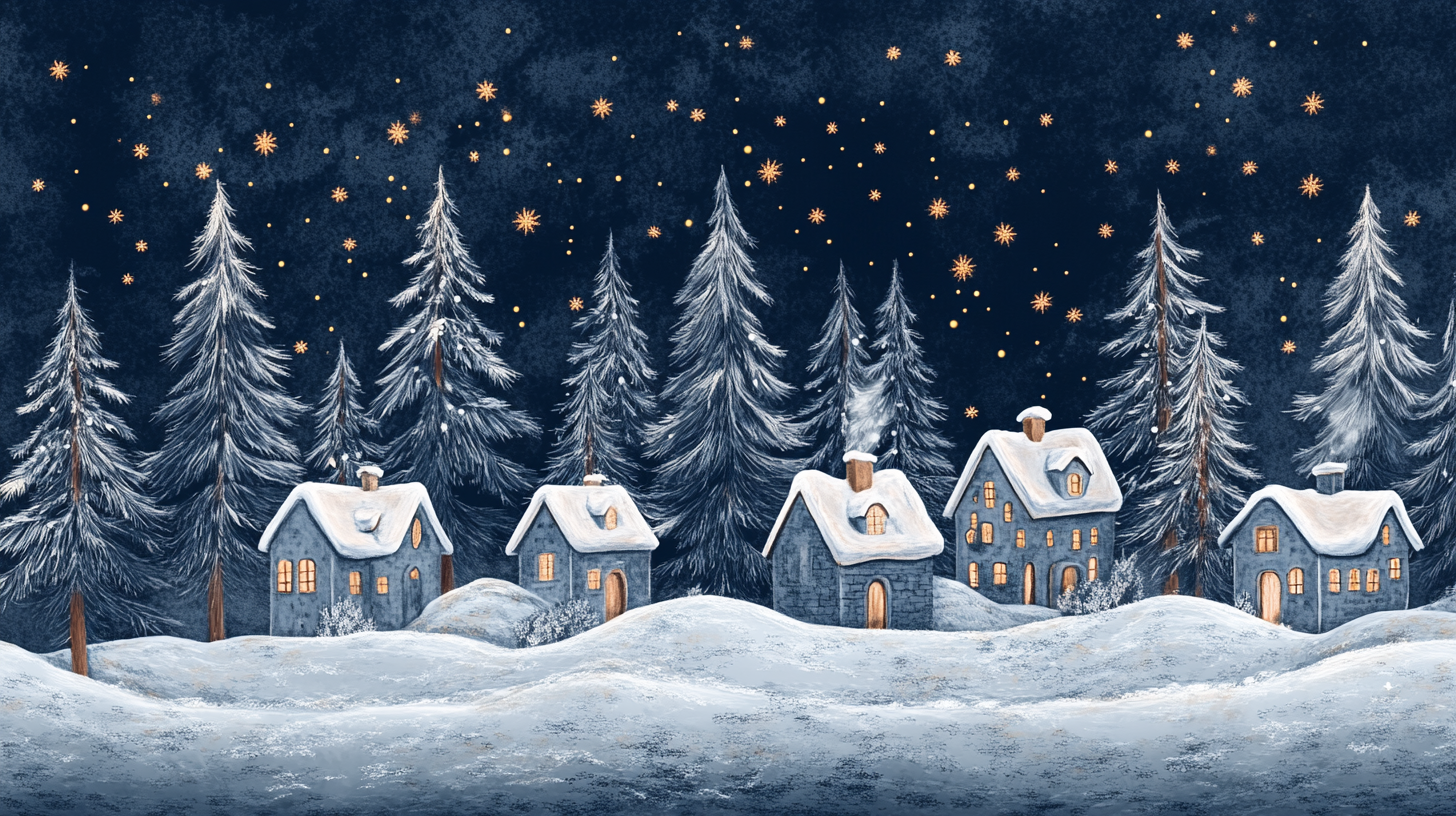 A snowy village with pine trees under starry sky.