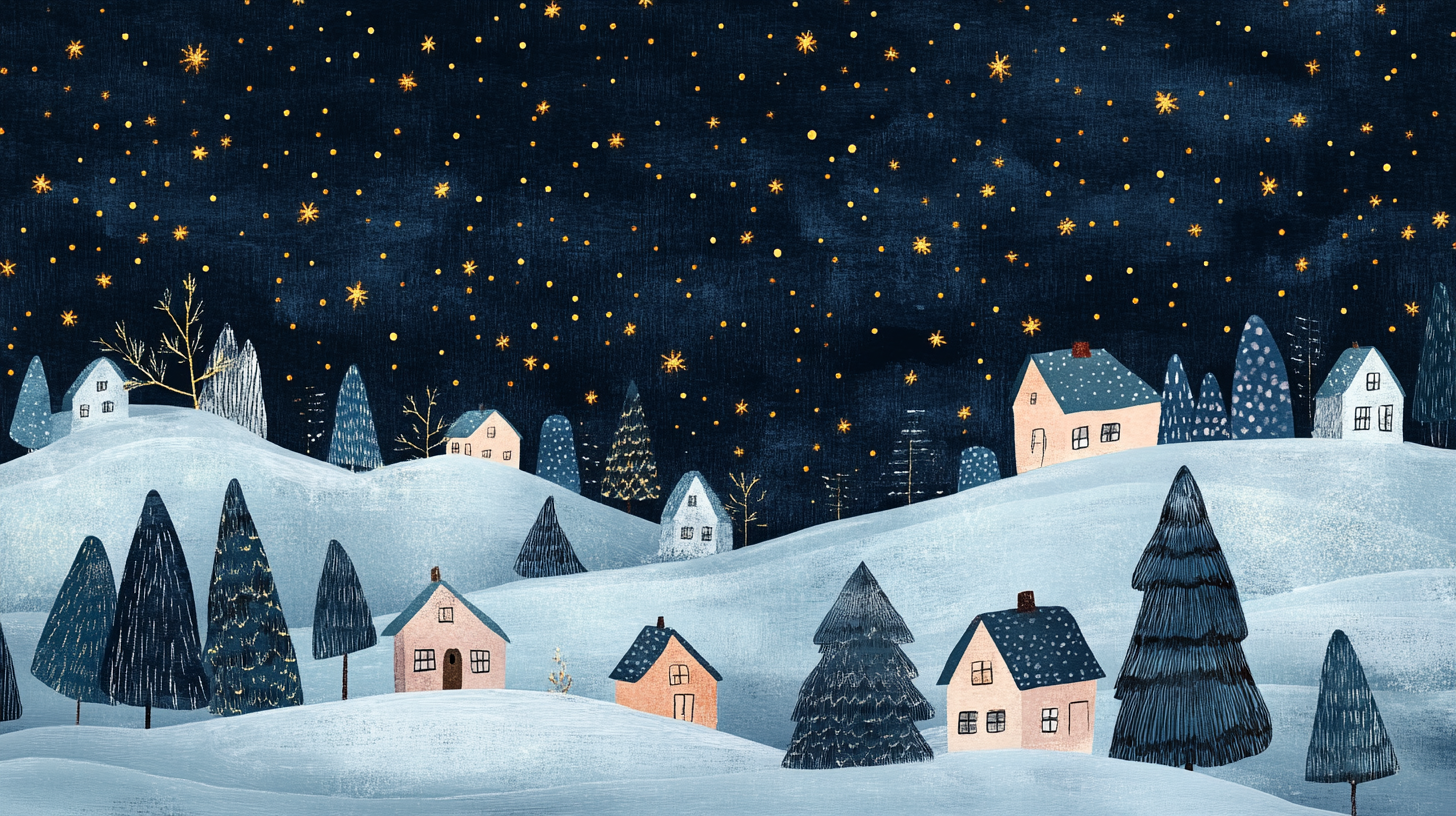 A snowy village with pine trees under stars.