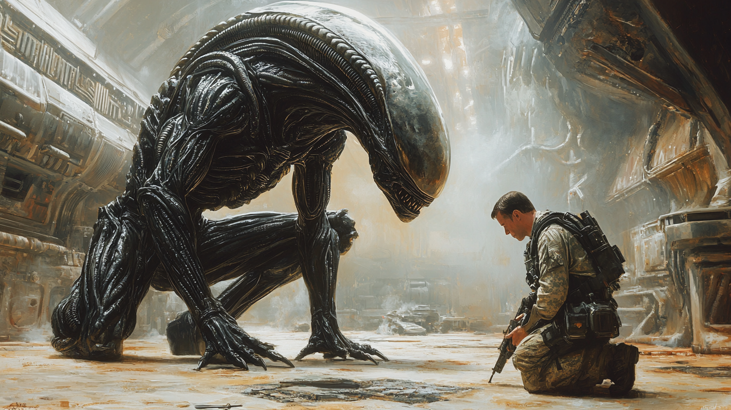 A soldier bowing to giant alien in spaceship.