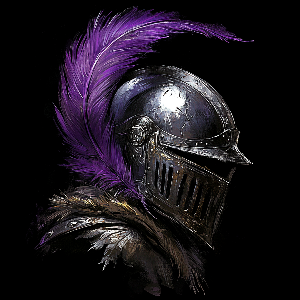 A soldier helmet with purple feather on black.