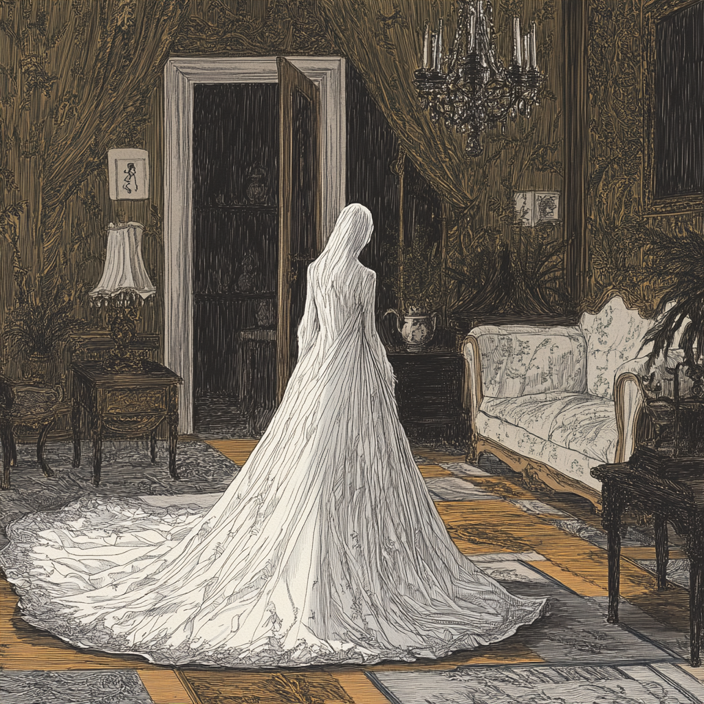 A solitary figure in white, elegant, eerie room.