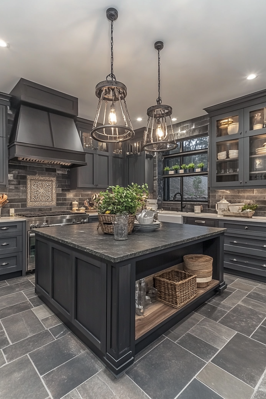 A sophisticated gray kitchen with natural stone vibes.