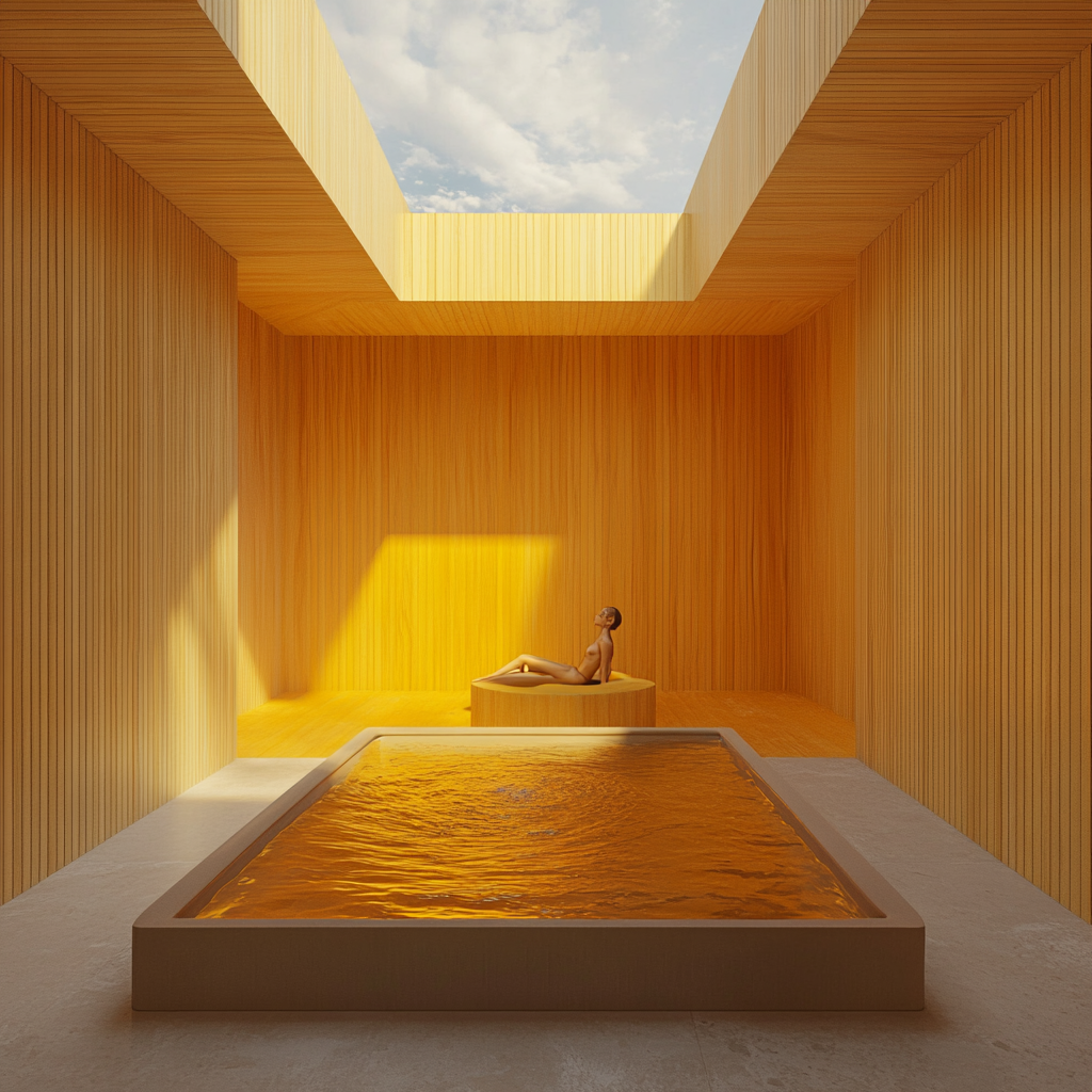 A spa room with wooden walls, skylight, tub, person.