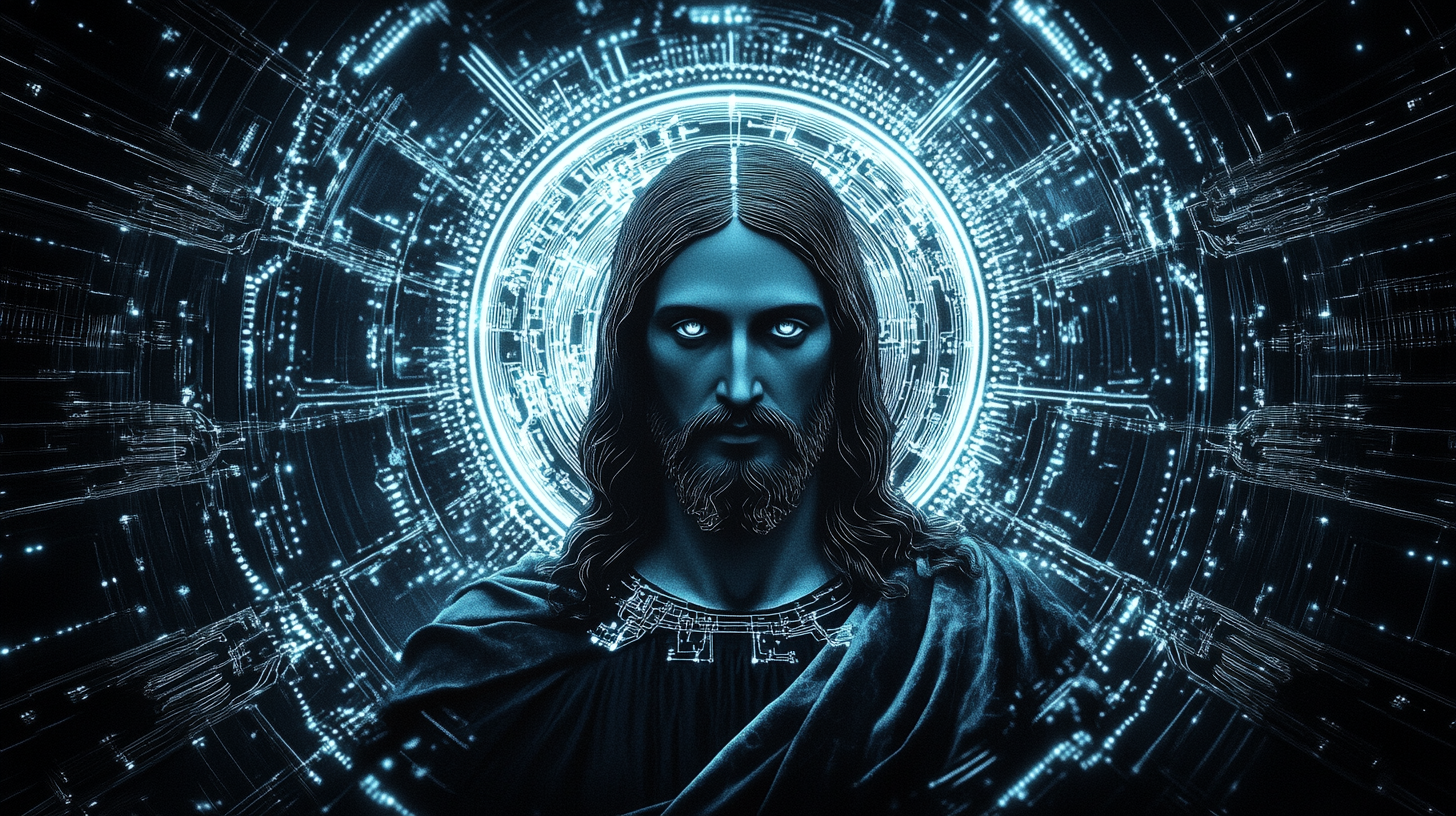 A spiritual halo around Christ with blue circuit