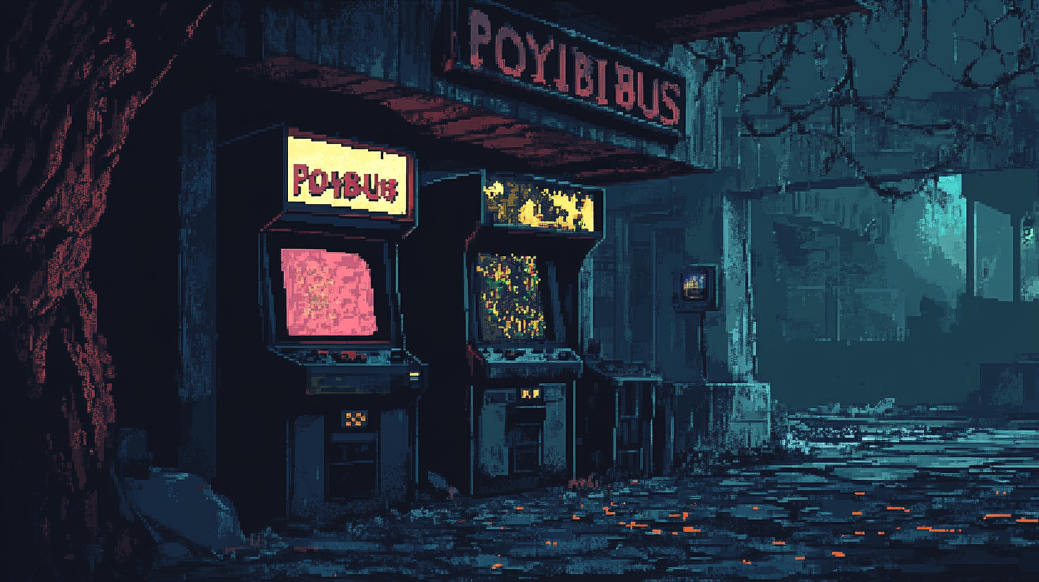 A spooky 80's arcade with Polybius cabinet- 16:9