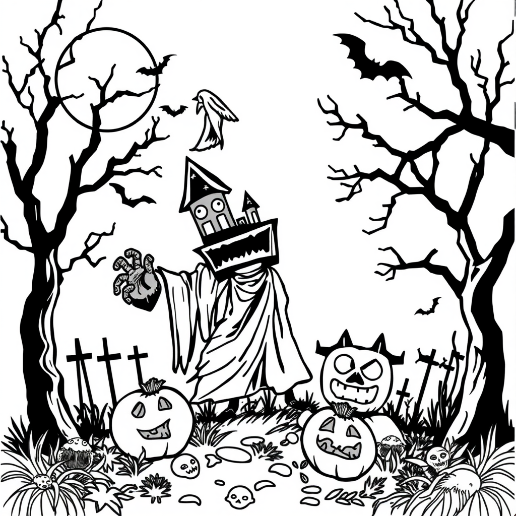 A spooky Halloween coloring page for kids.