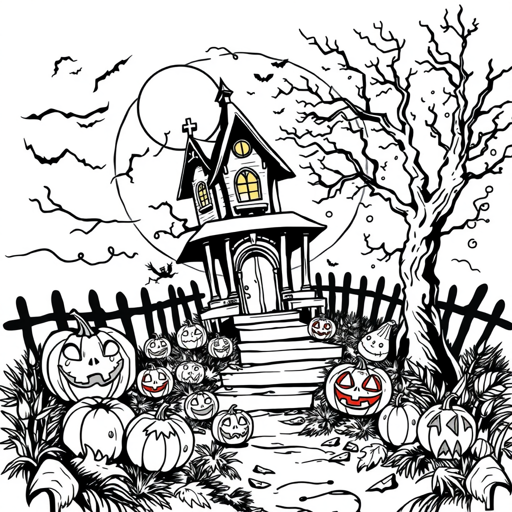 A spooky Halloween coloring page with vectorized drawing.