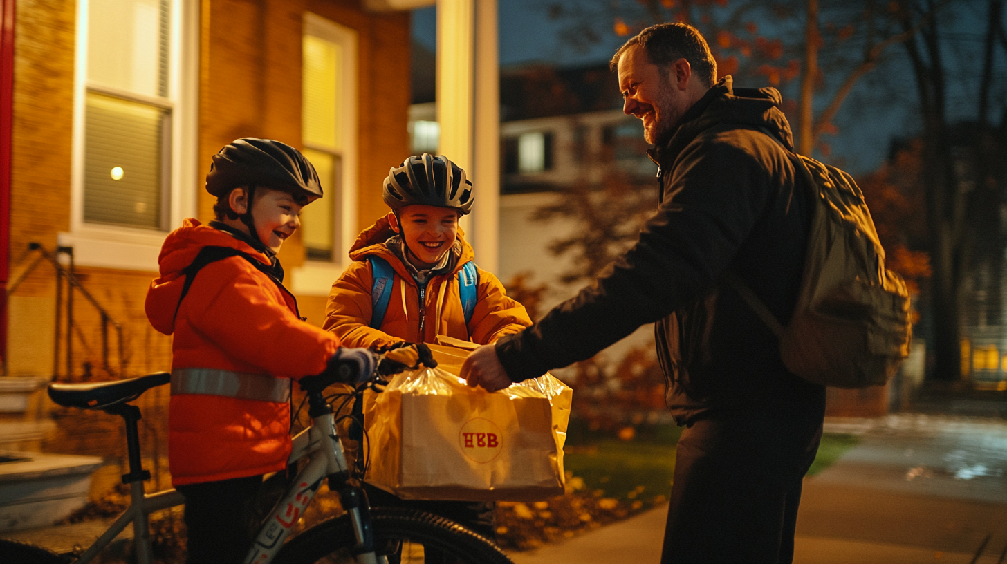 A spooky Halloween night: Dad, son, and Uber delivery.