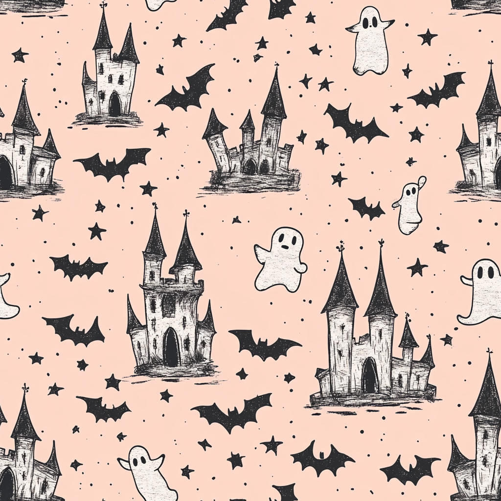 A spooky Halloween pattern with chubby ghost and bats