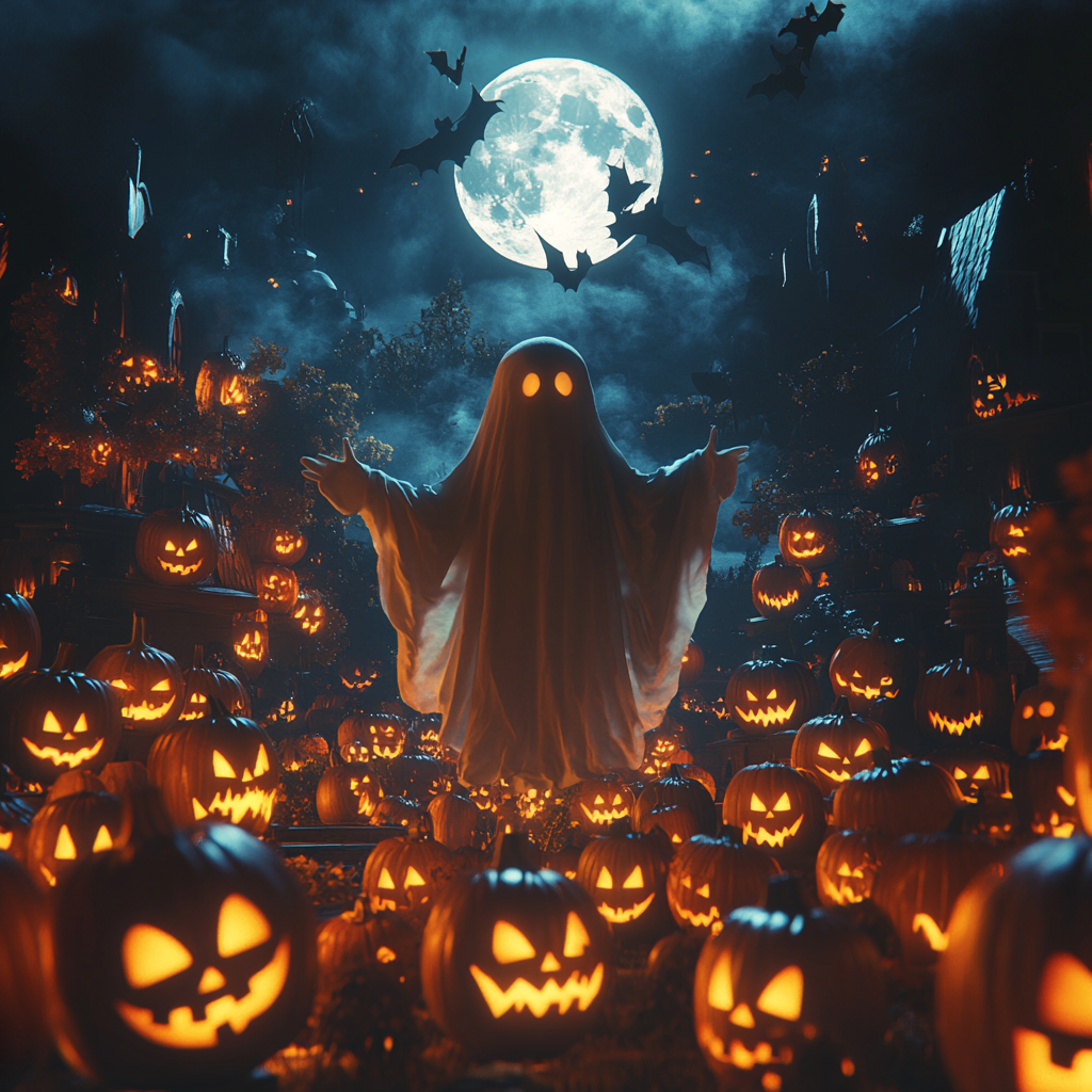 A spooky Halloween scene with jack-o'-lanterns and ghost