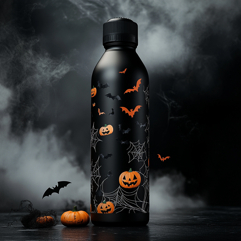 A spooky black Halloween-themed water bottle