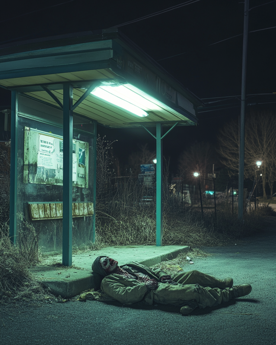 A spooky bus stop at night with a sleeping zombie