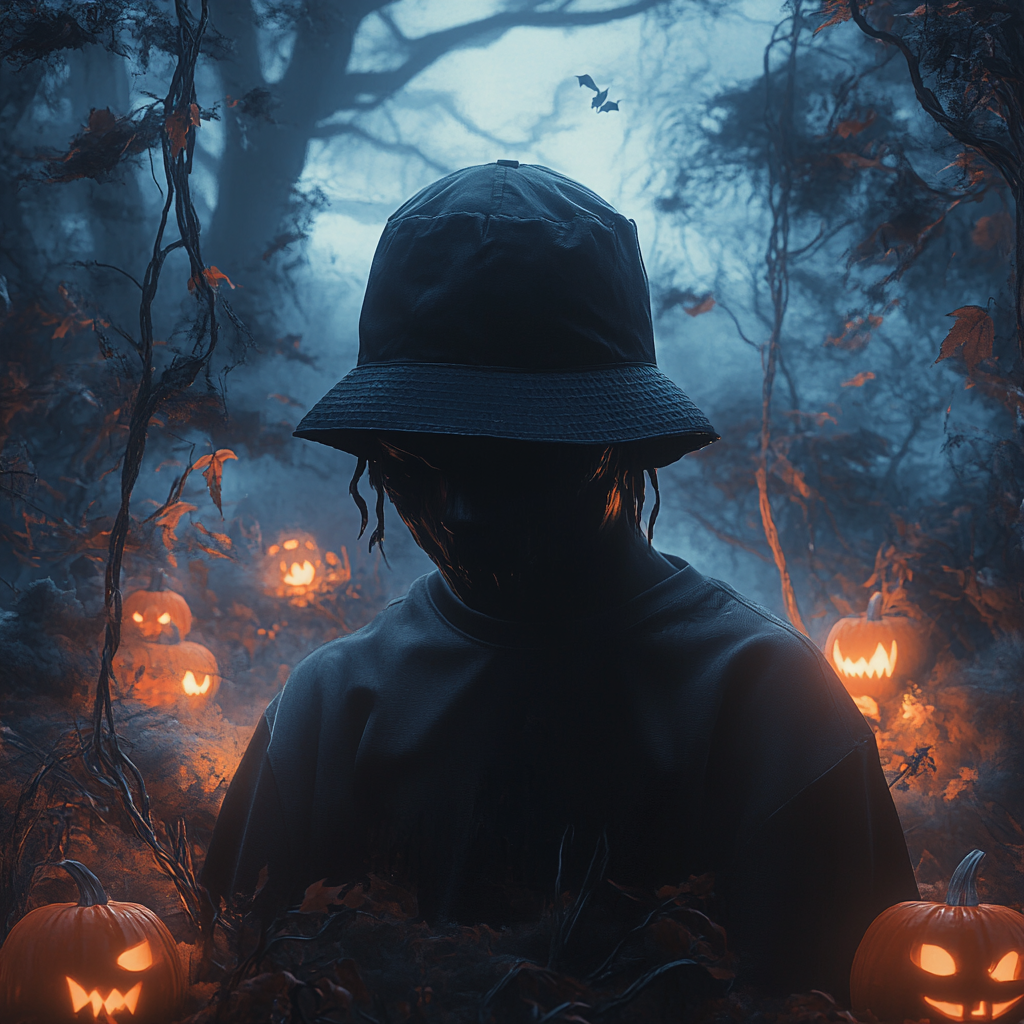 A spooky figure with large hat in dark forest.