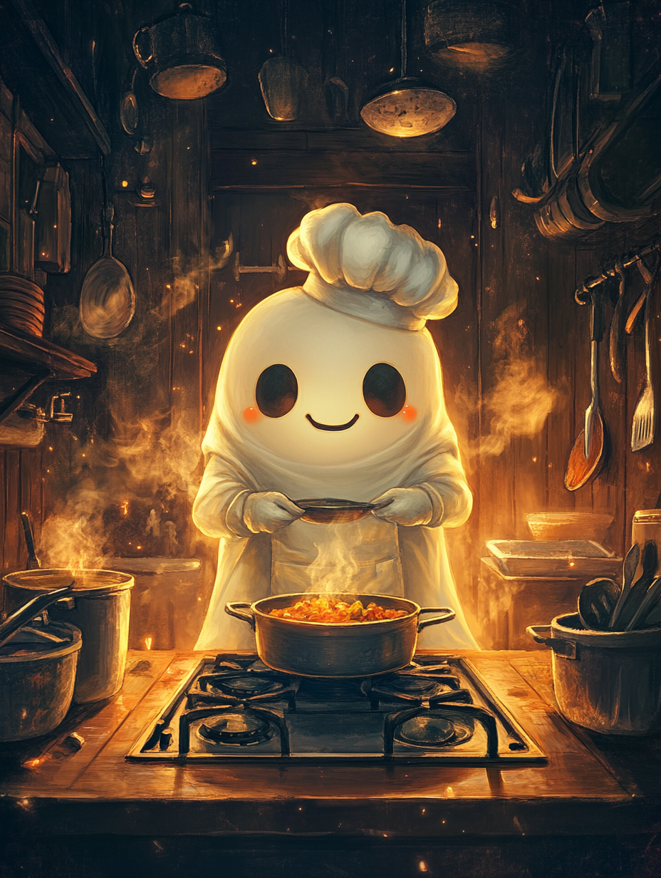 A spooky ghost cooking in a kitchen.