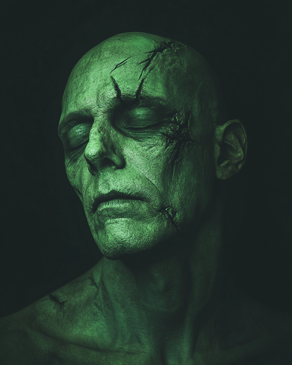 A spooky green zombie portrait in dramatic lighting