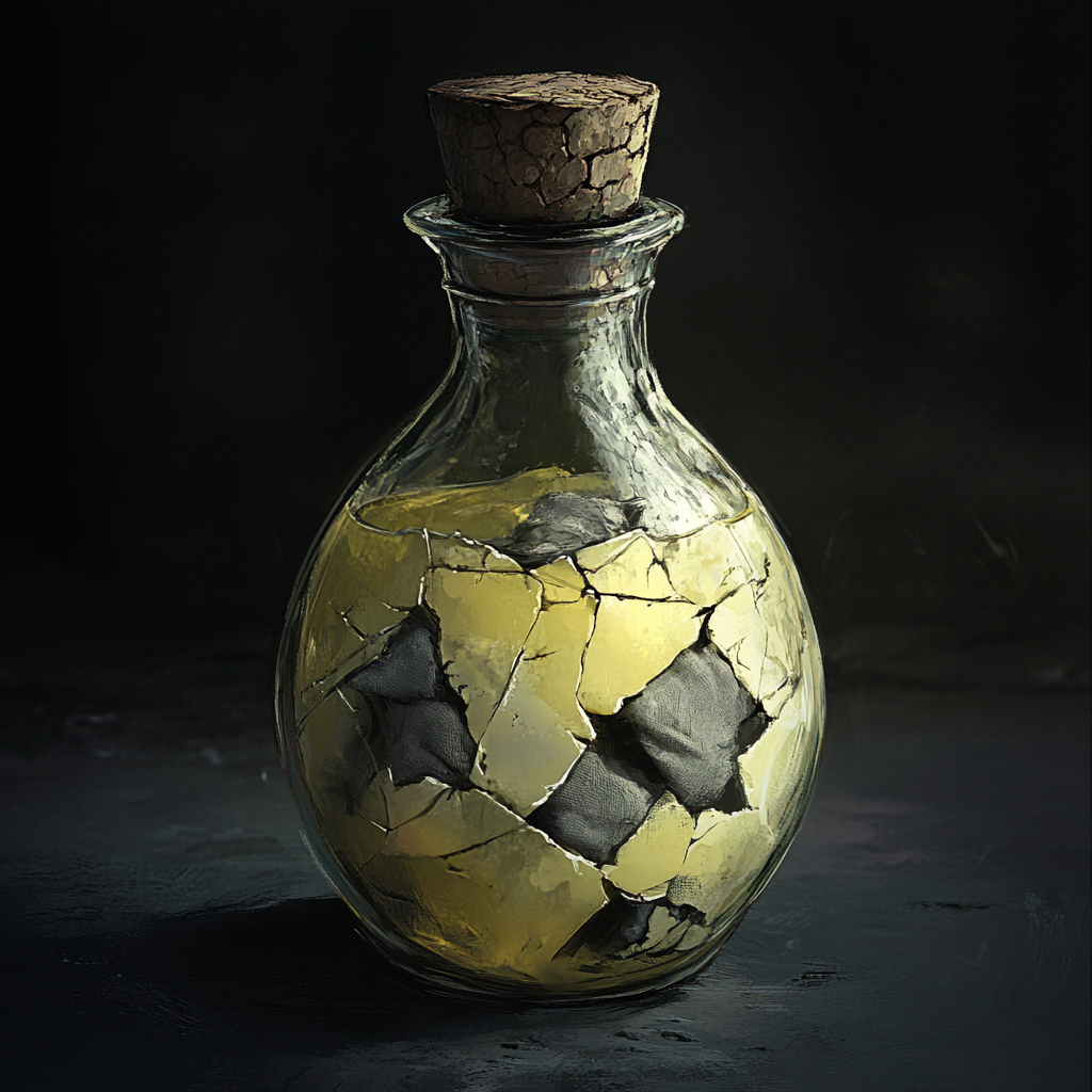 A spooky potion in glass flask with cork stopper.