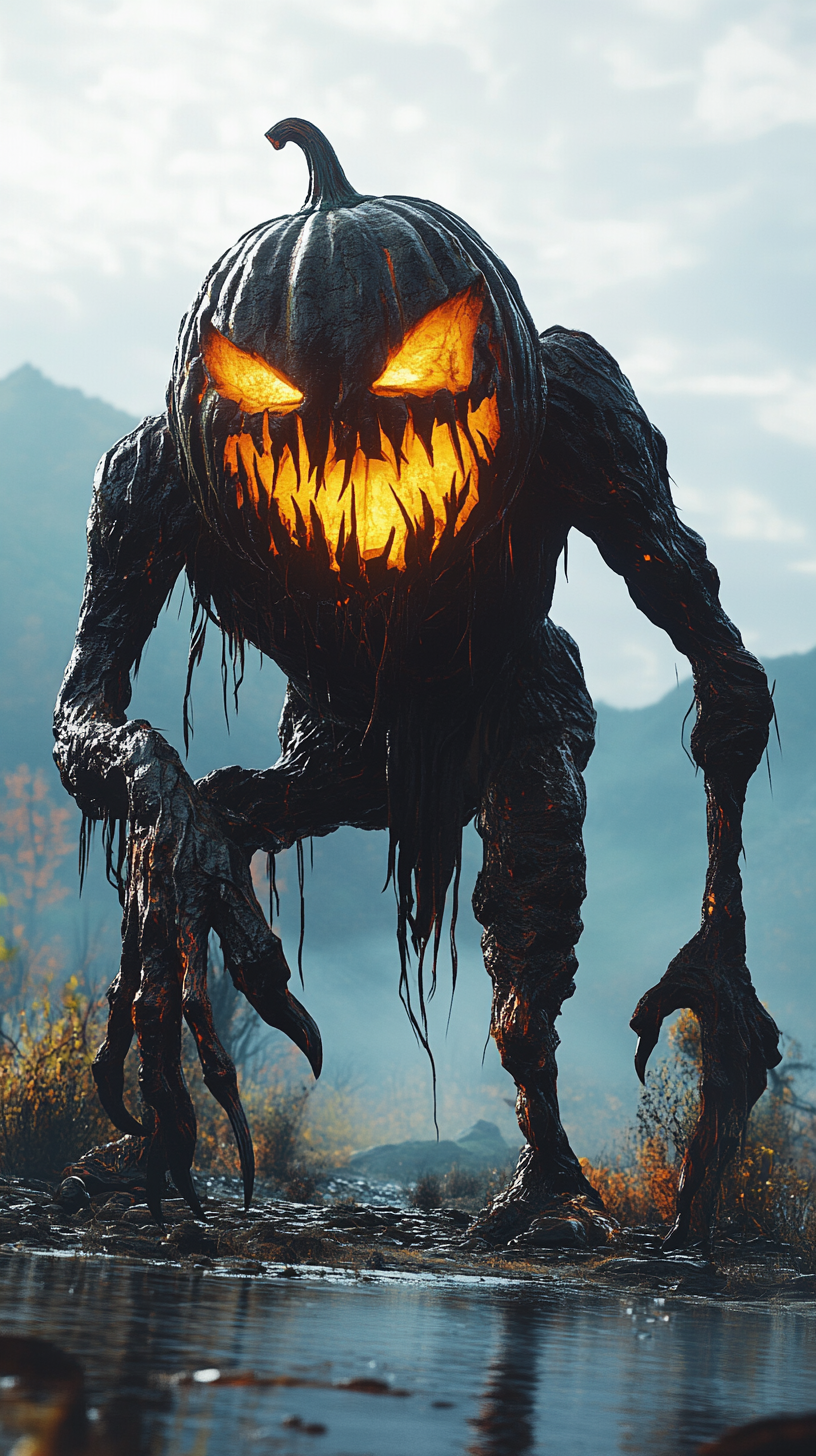 A spooky pumpkin monster in a mythical landscape