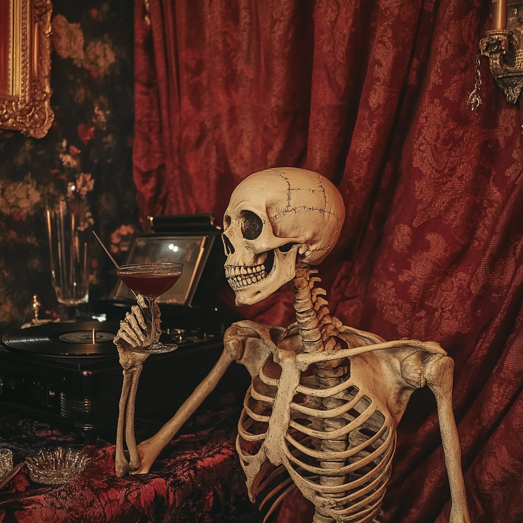 A spooky skeleton enjoys a cocktail at jazz bar.