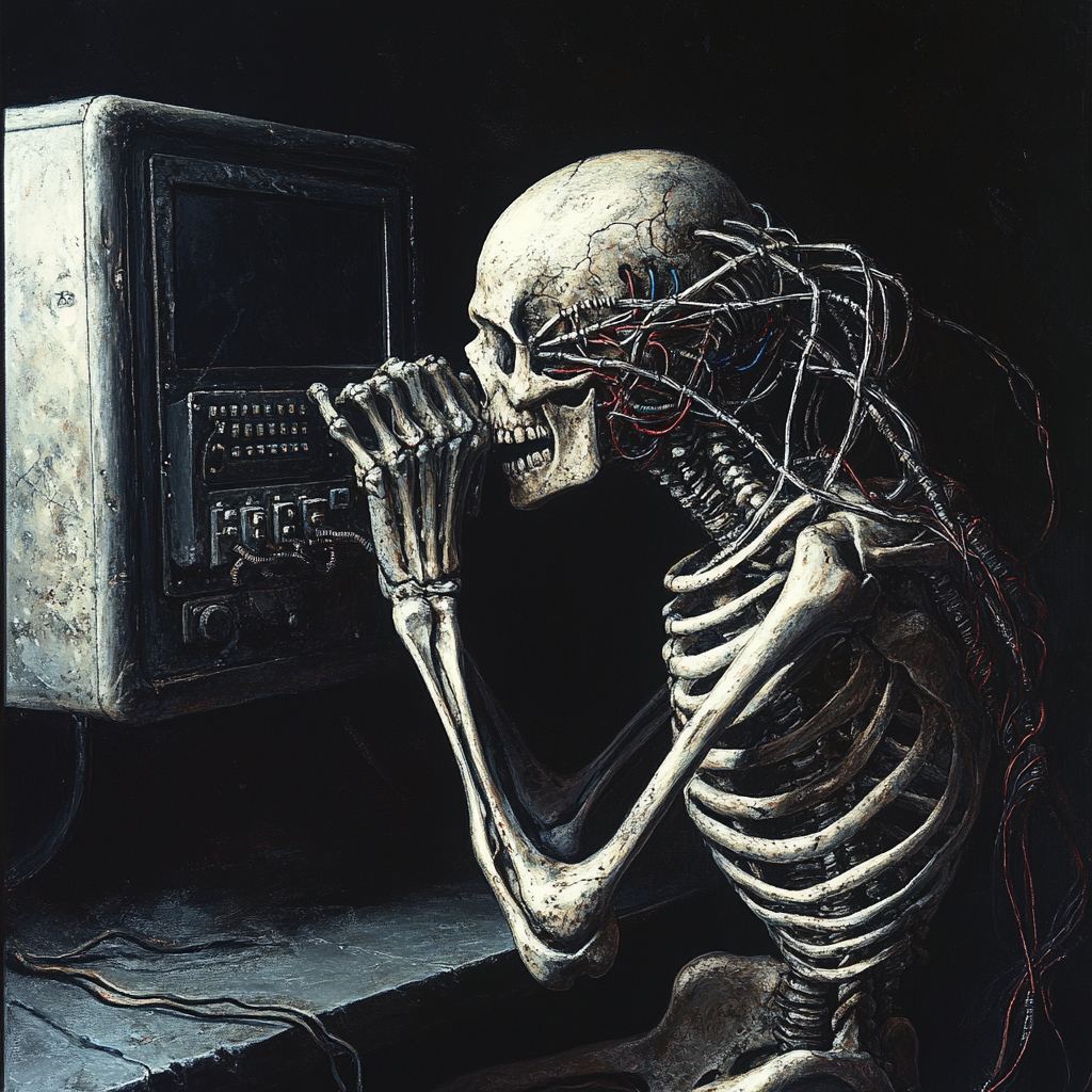 A spooky skeleton in dark room with dial-up.