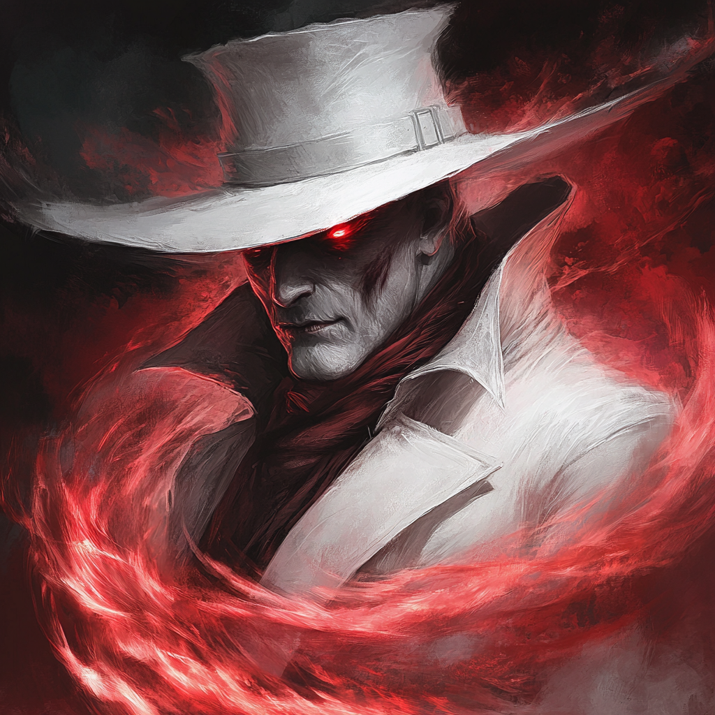 A spooky vampire with white hat and coat.